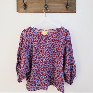 ANTHRO Maeve Silk Balloon Sleeve Heart Print Top M